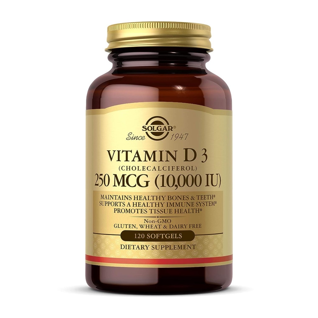 Solgar Vitamin D3 (Cholecalciferol) 250 MCG (10.000 UI), 120 Softgels - Aiuta a mantenere le ossa sane e denti - Supporto di sistema immunitario - Non OGM, Gluten / Latticini Free - 120 Serve