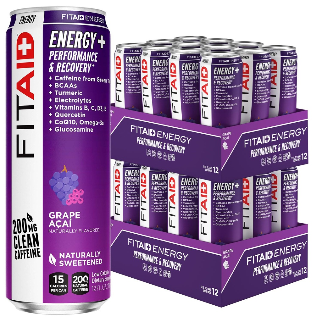 LIFEAID FITAID Energy Grape AÇAI, 200mg Natural Caffeine, Keto, Pre-Workout Performance: BCAA, Quercetin, Electrolytes, Omega-3s, 15 Calorie, Paleo, Vegan & Gluten-Free, 12-oz (Pack of 24)