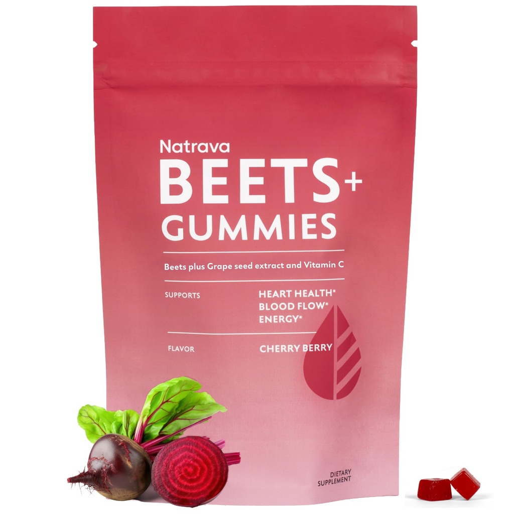 Beets+ Gummies - Polvere di radice di barbabietola Premium, estratto di semi di uva e vitamina C - Supporta la pressione sanguigna sana e la salute del cuore - Basso zucchero Ossido nitrico e supplemento di circolazione - 50 Gummies