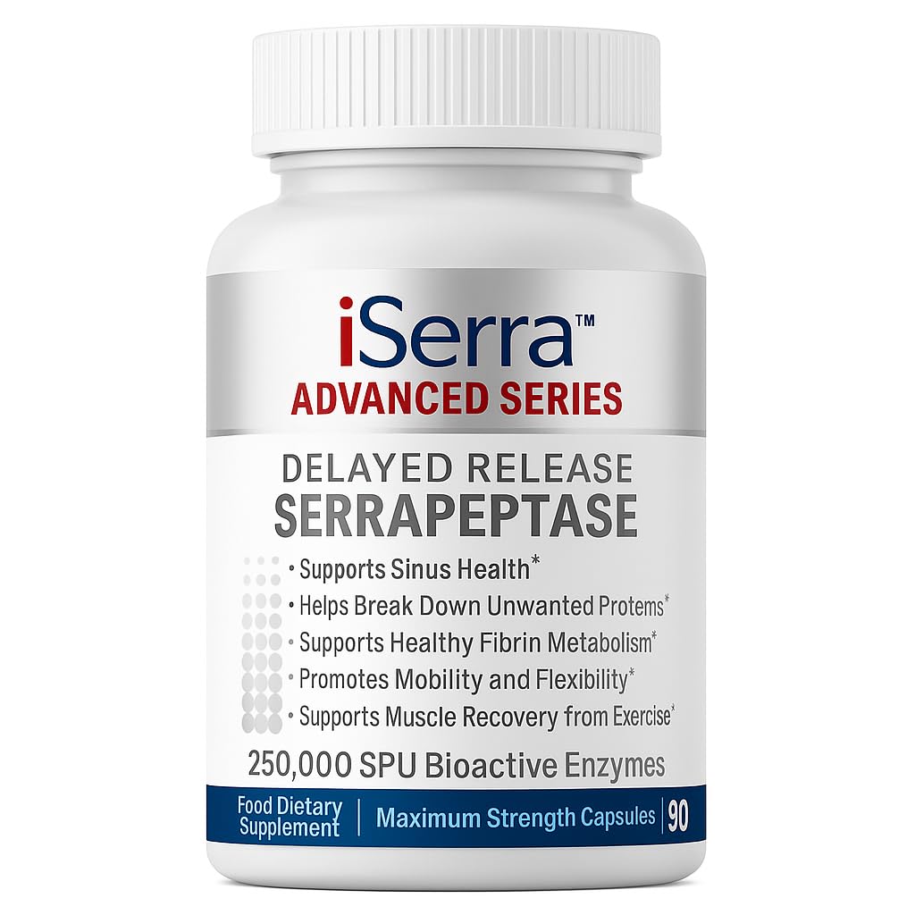 iSerra 250.000 SPU Serrapeptase Enzyme - 90 capsule di massima resistenza - Fino a 12x Più potente di altri Serrapaptase - Delayed Release Technology-High Potency Non-GMO, Gluten Free, Vegan (Pack of 1)