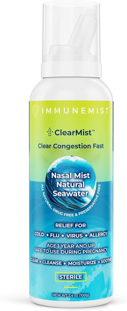 ClearMist Natural Seawater Nasal Spray per il sollievo dalla congestione, spray nasale ipertonico Saline per il naso secco, Rilievo idratante del naso per adulti e bambini Made in Sweden, Sicuro per età 1+