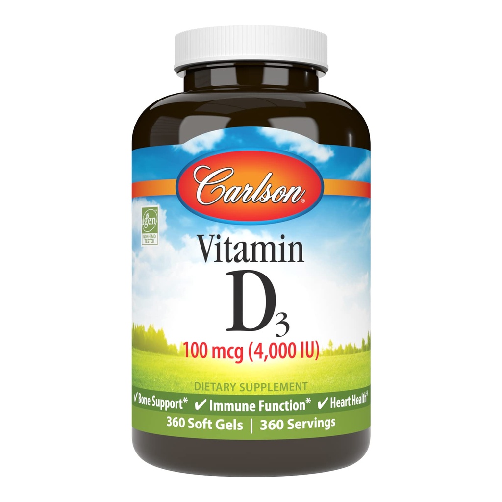 Carlson - Vitamina D3 4000 IU (100 mcg), Supporto Immune, Salute Bone, Salute Muscolare, Cholecalciferol, Integratori di Vitamina D3, Gel Morbidi di Vitamina D3, 360 Softgels