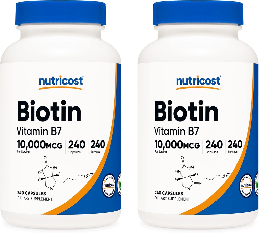Nutricost Biotin (Vitamin B7) 10.000mcg (10mg), 240 Caps (2 Bottiglie) - Non OGM, Gluten Free