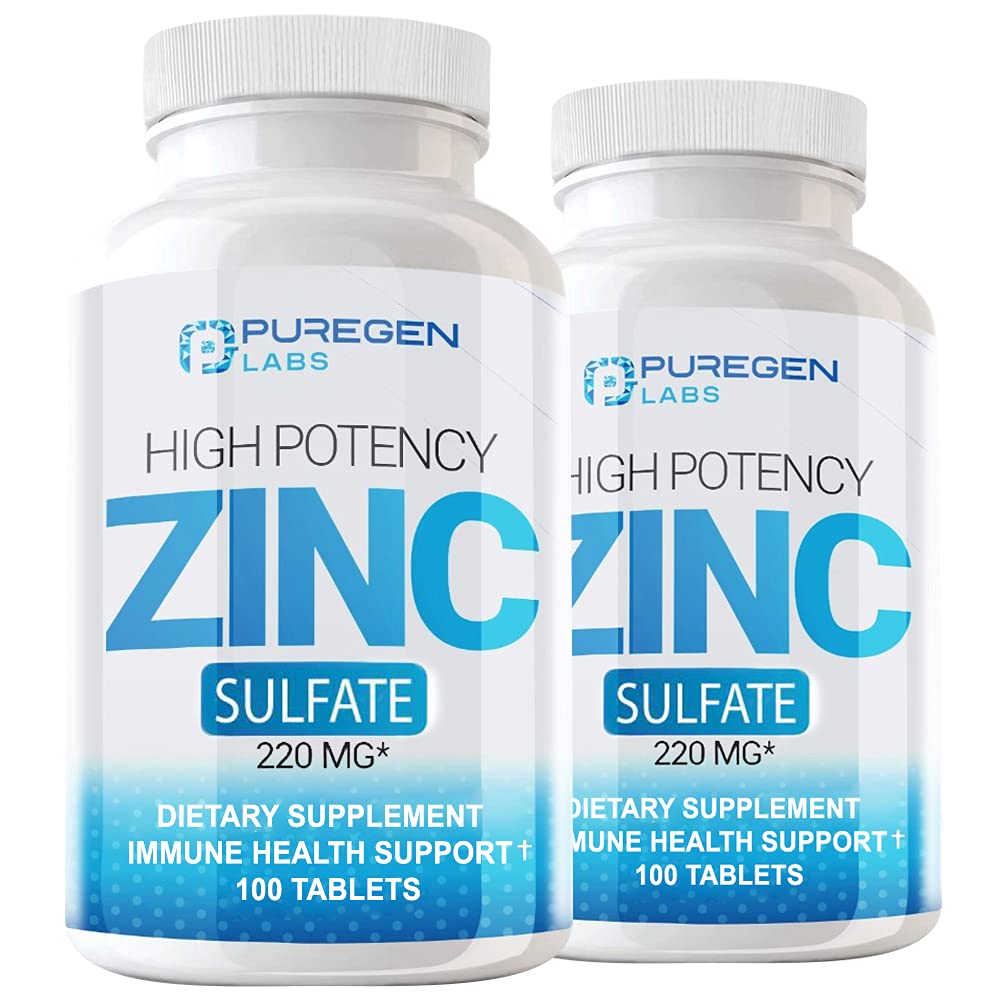 Puregen Labs Zinc Sulfate 220 mg Compresse di integratori alimentari - 100 Conte (Pack of 2)