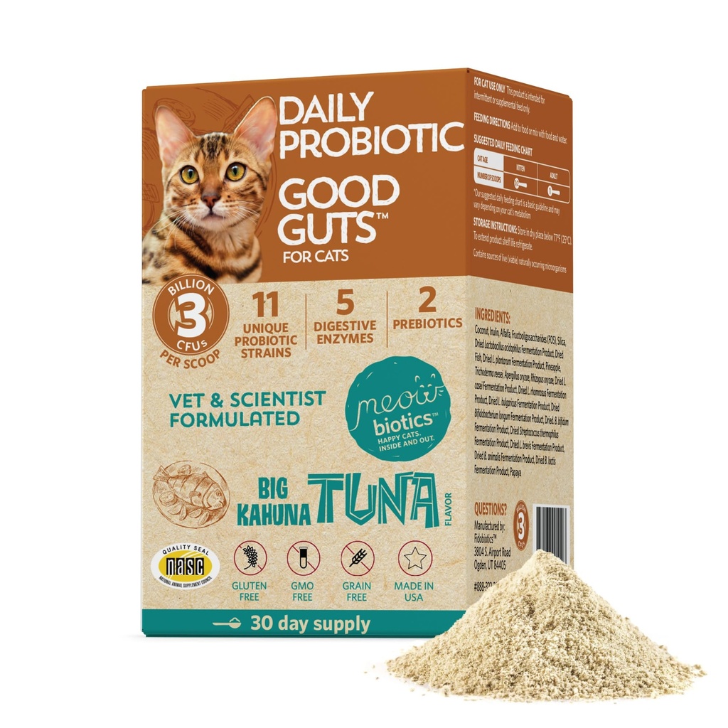 Meowbiotici Buoni Guts per Gatti Polvere Probiotica, 11 Probiotici Strains, 2 Prebiotici, 5 Enzimi Digestivi per Supporto Digestivo, Tuna Flavor, Probiotici per Gatti, Indoor & Outdoor (30 giorni)