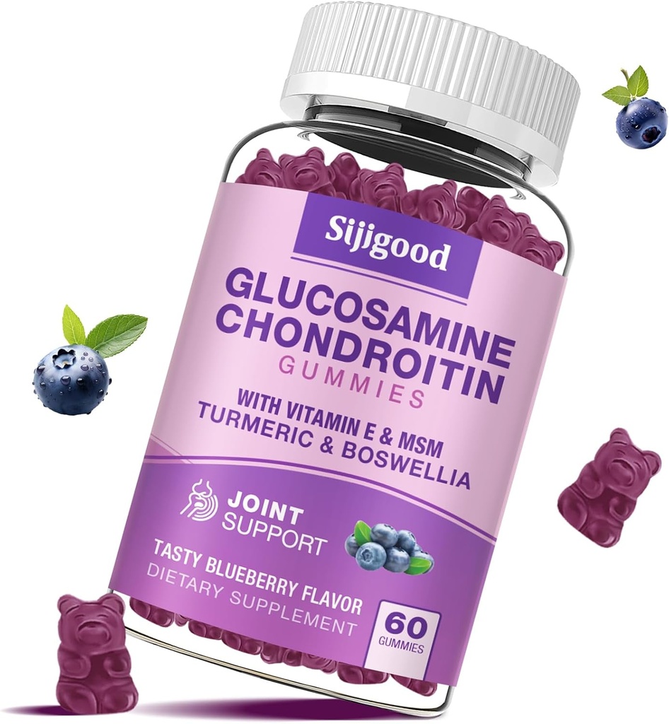 Glucosamina Condroitin Gummies, Glucosamina Extra Forza Condroitina MSM con Elderberry & Turmeric, Salute Giunta, Flessibilità, Antiossidante, Immune per Adulti - 60 Mirtilli Gummies Aromati
