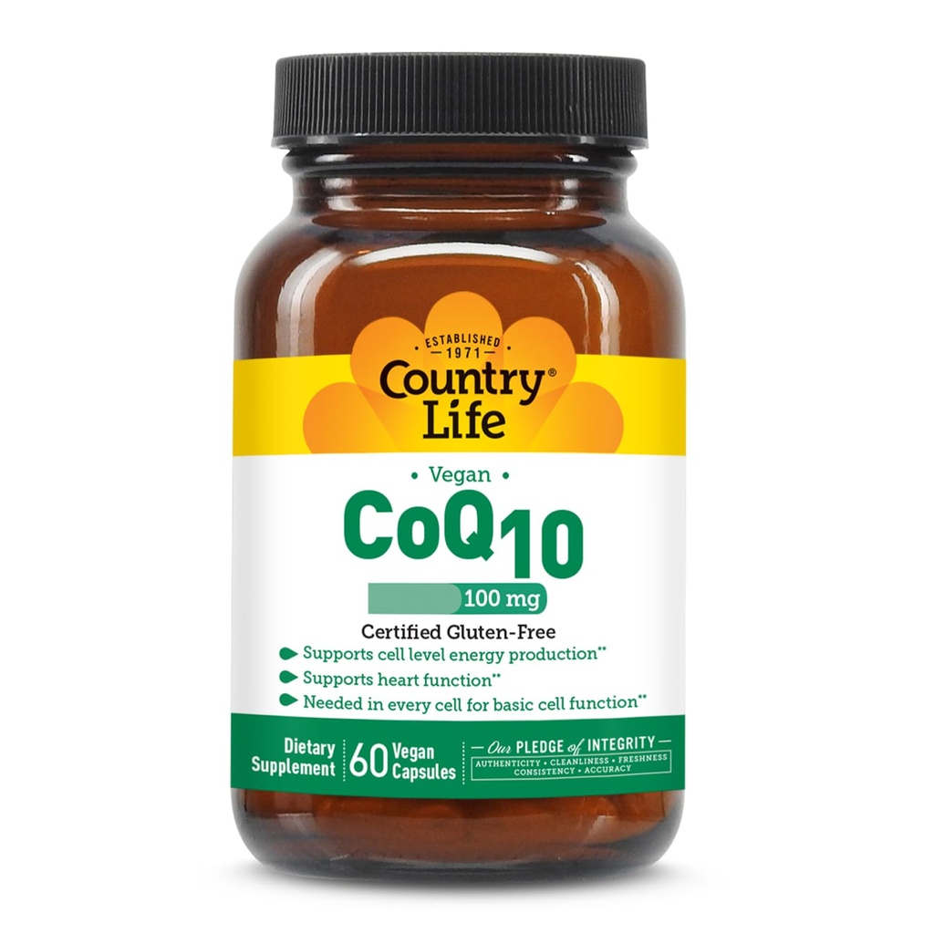 Country Life Simply CoQ10 100mg – Supporta la funzione cardiaca e l'energia cellulare, Vegan Softgels, Certified Gluten-Free, Non OGM Supplement, 60 ct – Supporto per la salute cardiovascolare