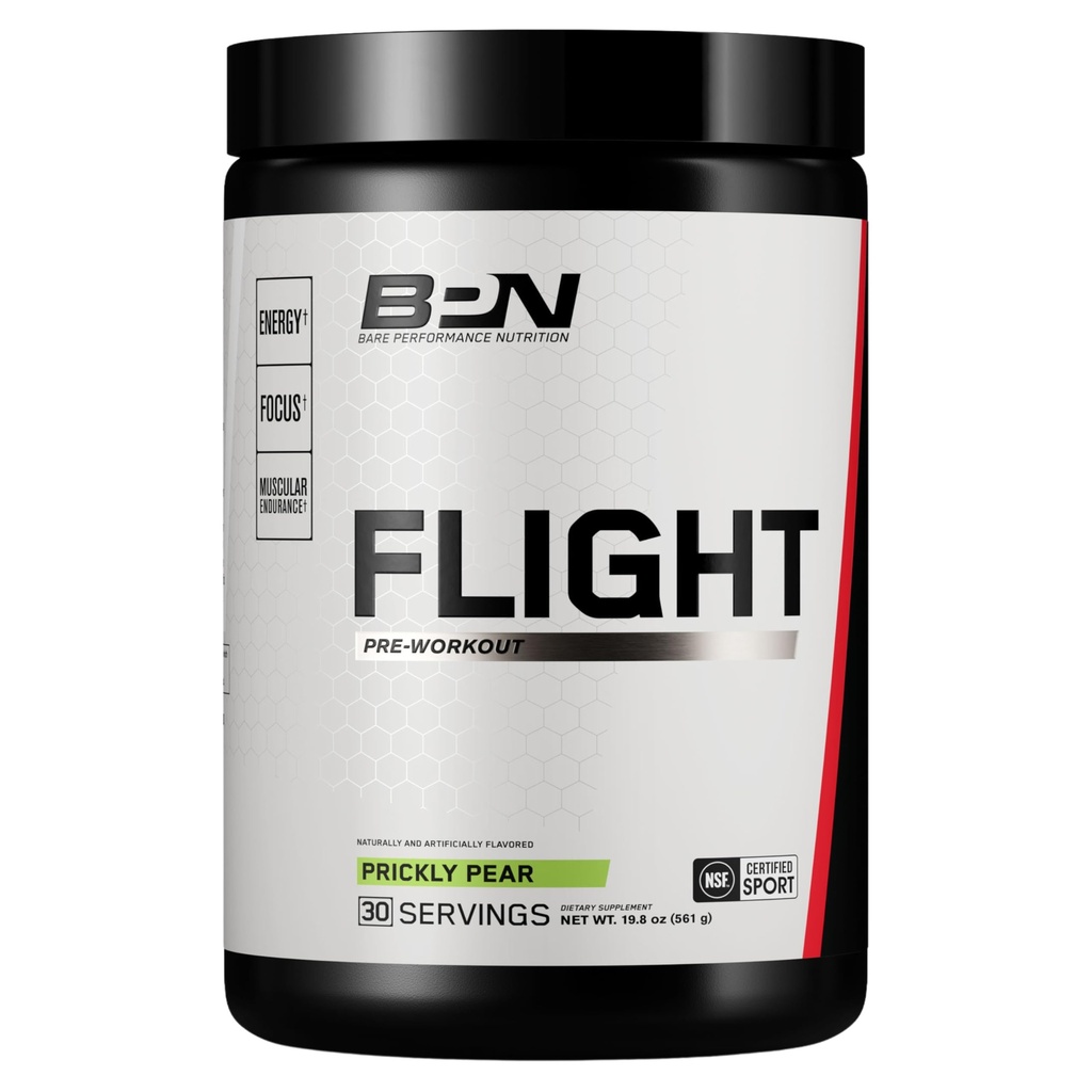 BARE PERFORMANCE NUTRITION BPN Flight Pre Workout, Supporta energia e messa a fuoco mentale, Migliorata resistenza &amp; pompe muscolari con CarnoSyn® Beta Alanine, Prickly Pear, 30 Serve