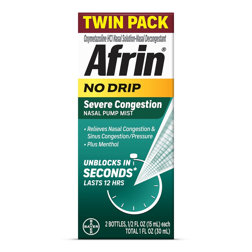 Afrin No Drip Severe Congestion Nasal Mist Twin Pack, Non-Drowsy, Decongestant ad azione rapida per Congestione nasale e Rilievo della pressione del seno, Adulti e bambini 6 e più vecchi, .5 fl oz (Pack of 2)