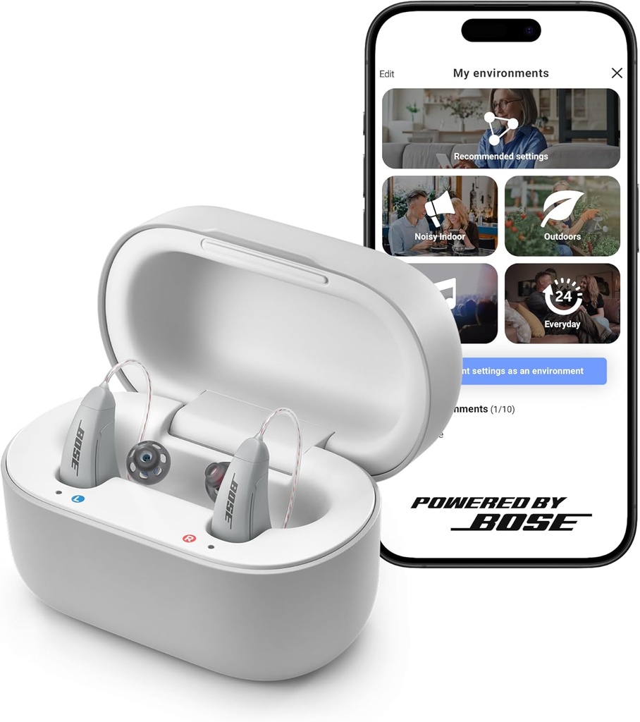 Apparecchi acustici Lexie B2 OTC alimentati da Bose - Chiamata Bluetooth abilitata per iOS, ricaricabile con App Control, tutto il giorno Comfort. Soluzione self-Fit, riduzione del rumore, per la perdita dell'udito da lieve a moderata (Gray)