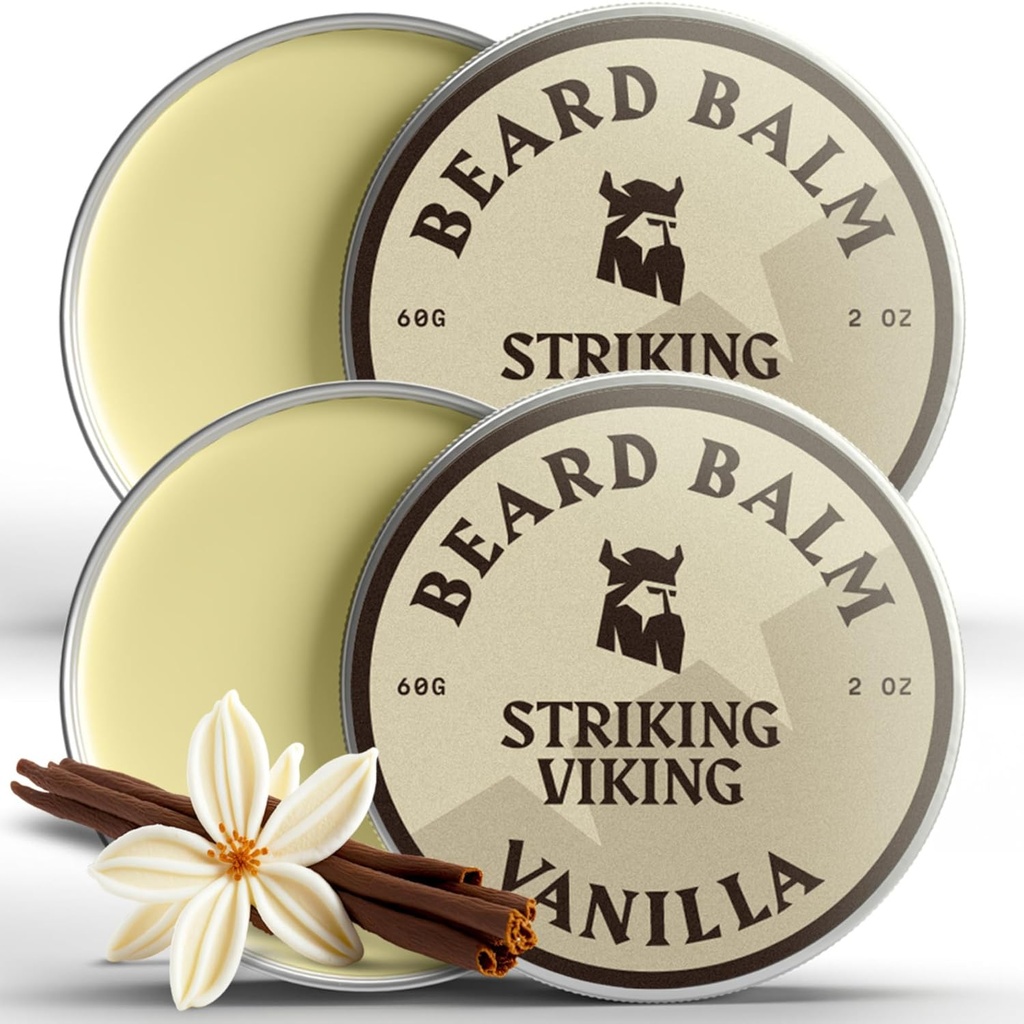 Balm Cuscinetto Vichingo Striking per gli uomini - Lasciare in Condizionatore di Cuscinetto - Balm di stiratura Realizzato con Butter Cuscinetto Naturalmente Derived, Olio di Argan & Jojoba (2 Ounce (Pack of 2), Vanilla 2 Pack)