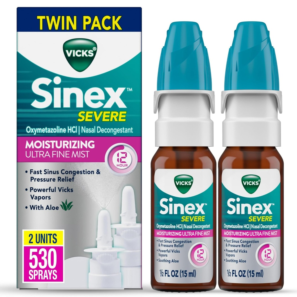 Vicks Sinex Severe spray nasale, Moisturizing Ultra Fine Mist con Aloe, Decongestant Medicine, Rilievo dal naso ripieno a causa di freddo o allergia, Congestione nasale & Sinus Pressure Relief, 265 Spray x 2