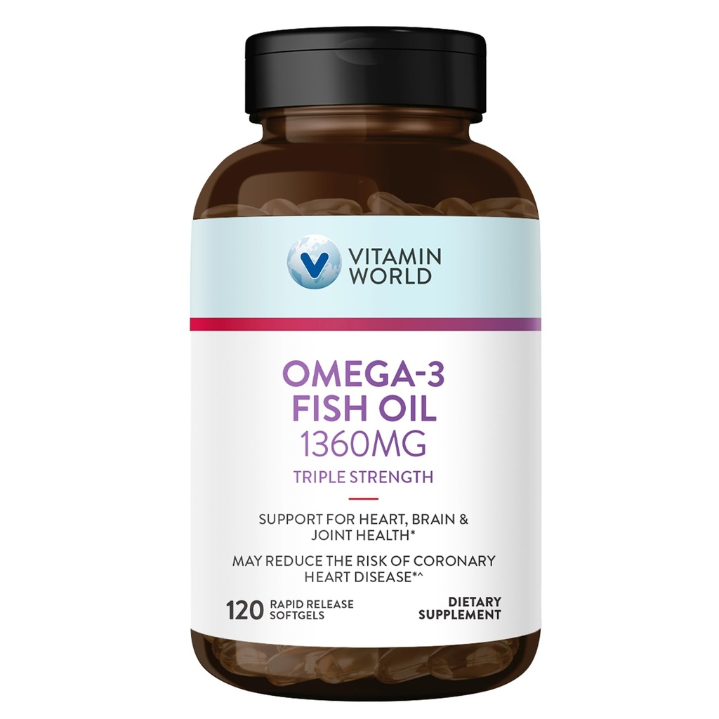 Vitamina Mondo Tripla Forza Omega 3 Fish Oil 1360 mg Supplemento, 950 mg Omega-3 acidi grassi attivi con EPA & DHA, Supporta il cuore, cervello & salute comune, senza glutine, 120 Softgels, 4 mesi di alimentazione