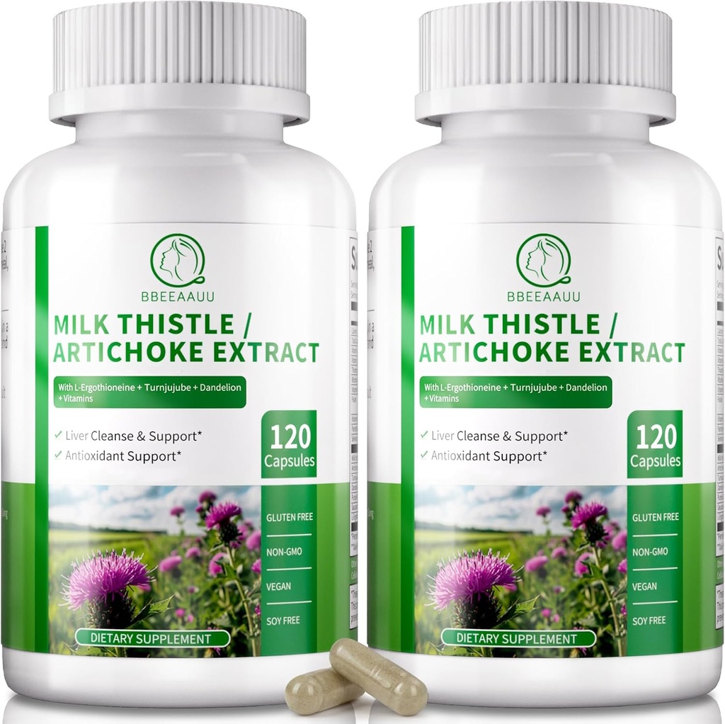 Detox & riparazione 120 capsule, 16-in-1 Herbal Liver Support Supplemento con latte Thistle, Artichoke, L-Ergothioneine, Turnjube Dandelion Extract for Liver Renew & Antioxidant (2 Pack )