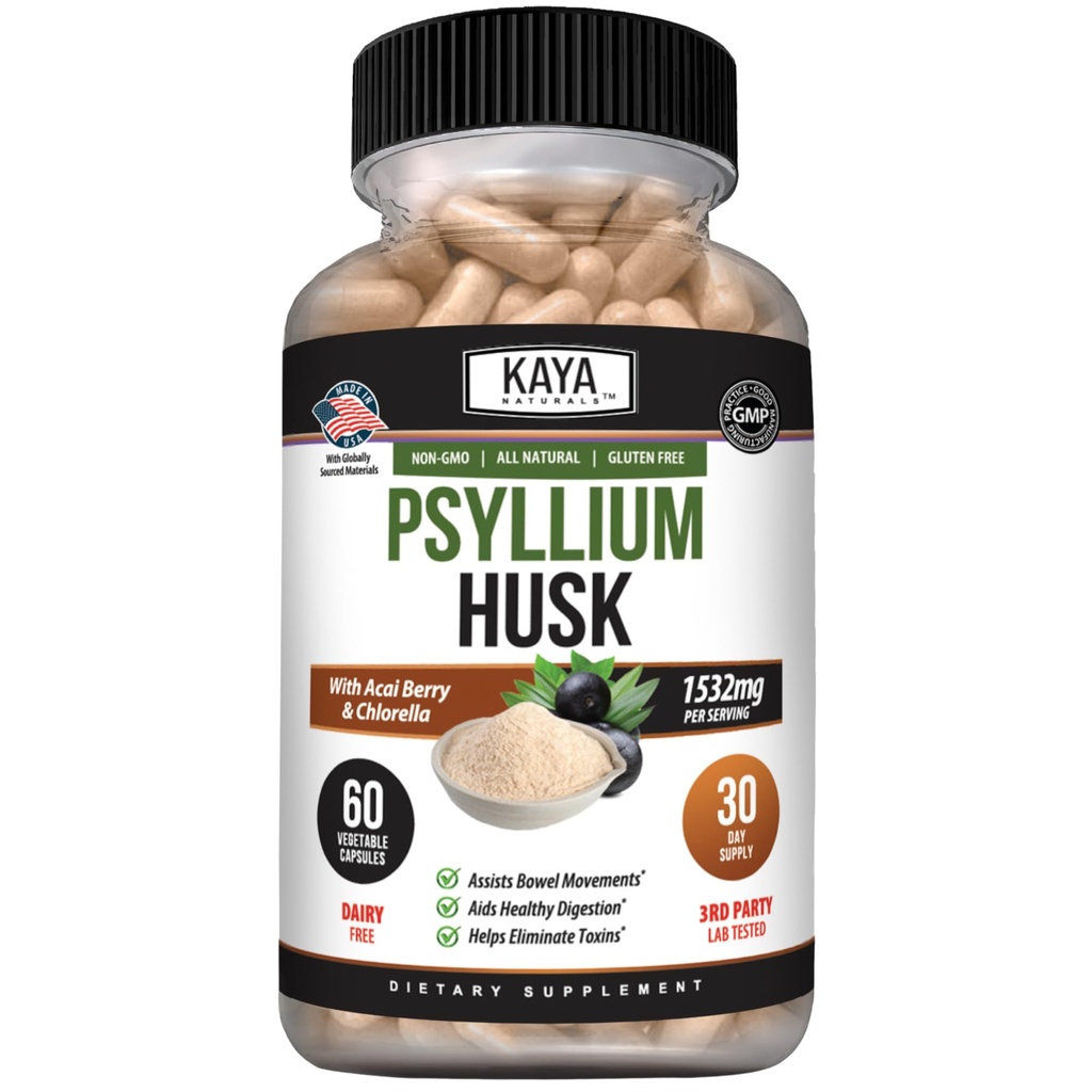 Kaya Naturals Psyllium Husk Capsule - 60 Count | High Fiber Supplement | Salute digestiva & Regolarità | Gluten-Free, Non-OGM