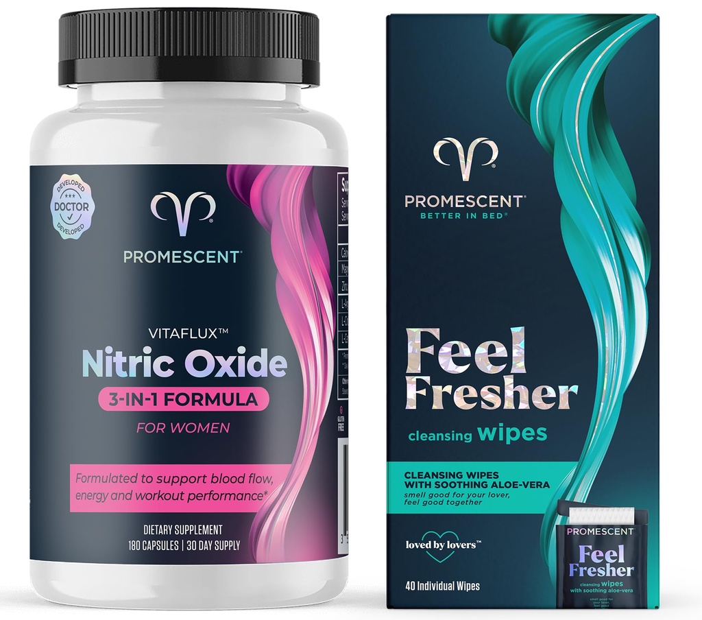 Promescent VitaFLUX Nitric Oxide Booster Supplemento + Wipes fluido per gli adulti, Detergente Personale Igienico Wet Wipes per gli uomini e l'uso femminile