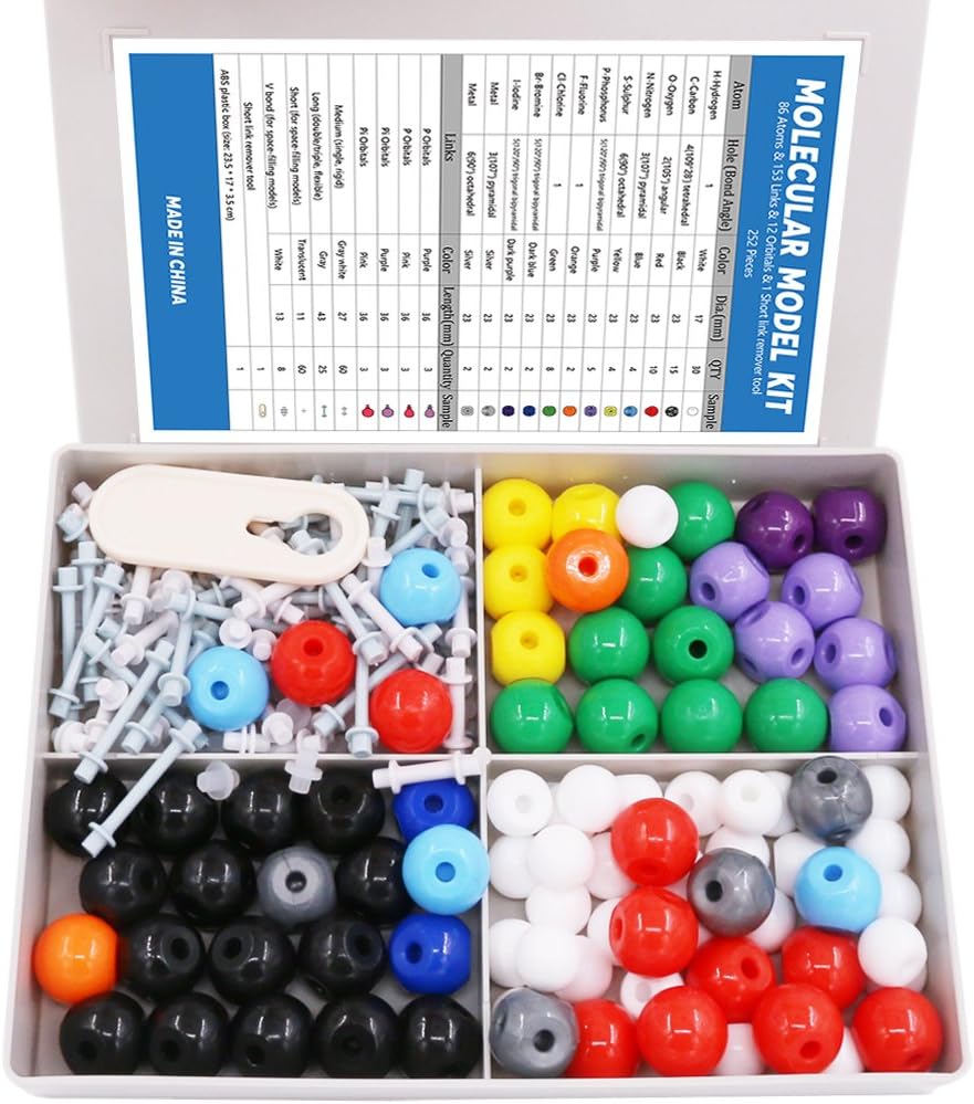 Swpeet 240 Pcs Organic Chemistry Modello molecolare Student and Teacher Kit, Chemistry Modello molecolare Student and Teacher Set - 86 Atoms & 153 Bonds & 1 Short Link Remover Tool