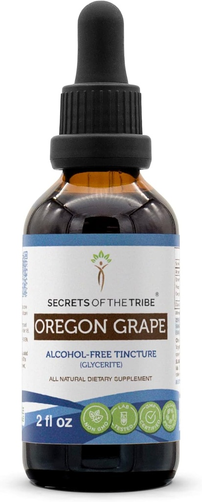 Secrets of the Tribe Oregon Grape Alcohol-Free Liquid Extract, Responsibilmente allevato Oregon Grape (Mahonia aquifolium) Dried Root Tincture Supplement (2 FL OZ)