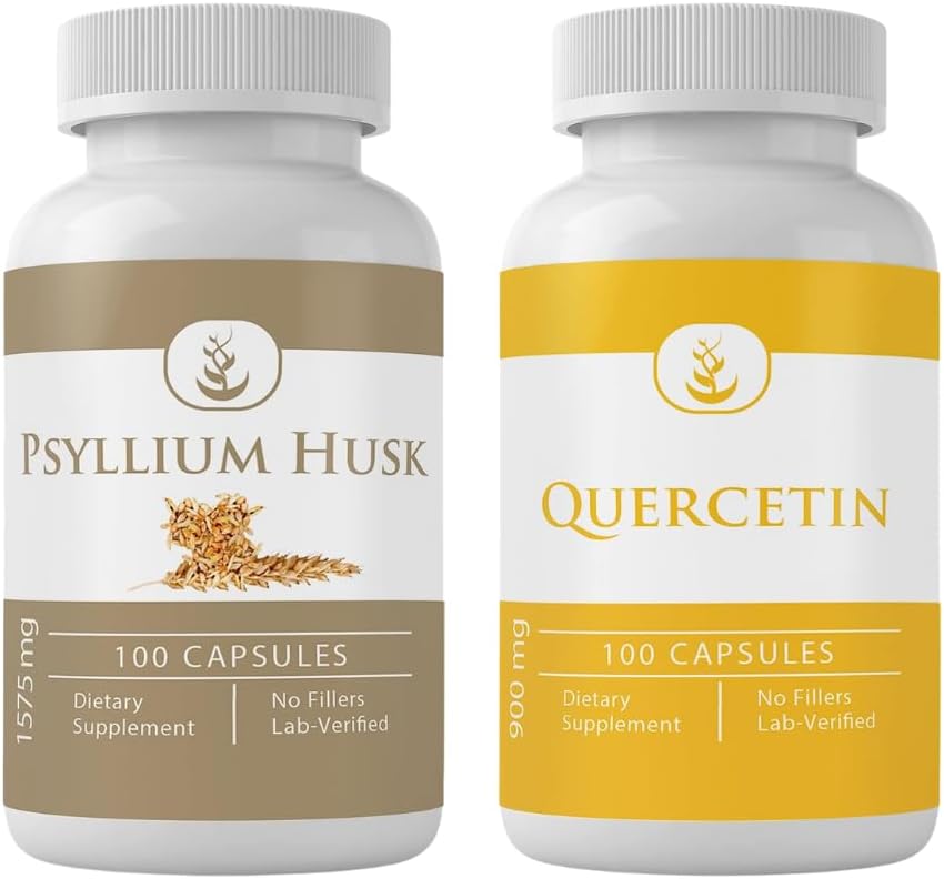 PURE ORIGINAL INGREDIENTI Psyllium Husk & Quercetin Capsule Bundle (100 capsule ciascuna), Nessun Additivo o Filler, Verified Lab