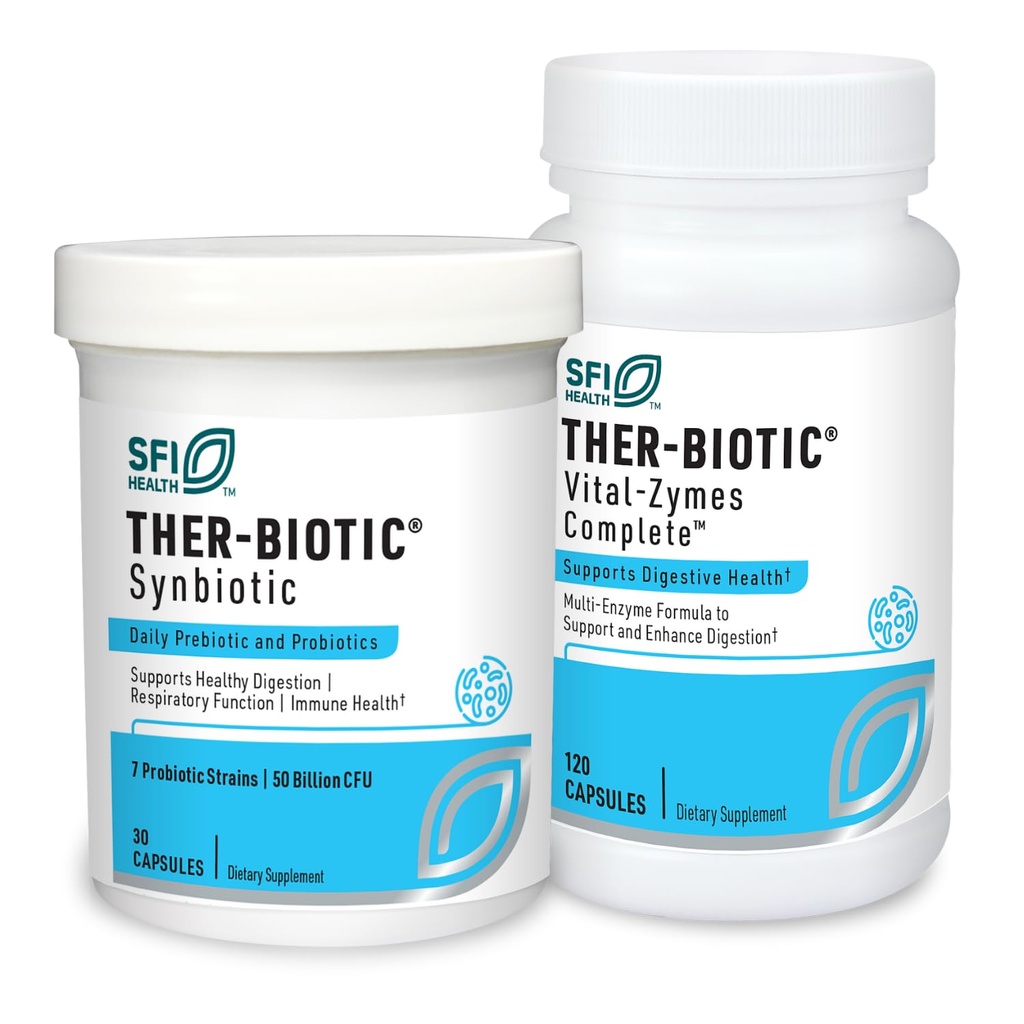Klaire Labs Ther-Biotic Synbiotic Probiotic (30 capsule) + Vital-Zymes Enzimi Digestivi Bundle (120 conte) - Low-FODMAP Probiotic Supplement + Supporto Digestione Enzimi - 2 Set Prodotto