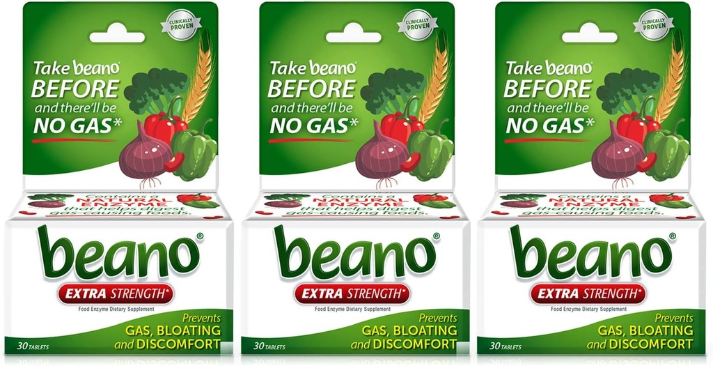 Beano Extra Forza, Integratore Dell'Enzima Digestivo, Previene Gas, Bloating e Discomfort (Packaging May Vary) 30 Contare Ogni (Pack of 3)