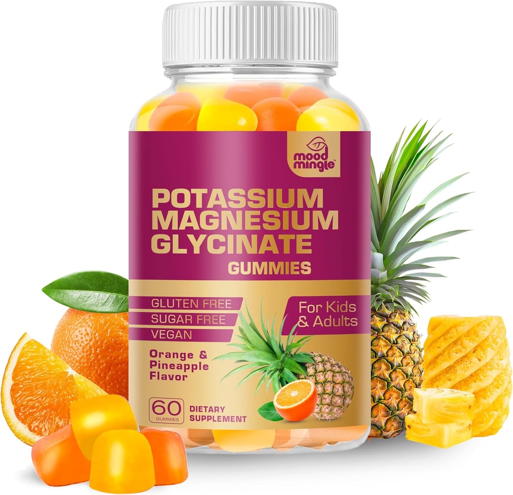 MoodMingle Potassium Magnesium Glycinate Supplemento Gummies - Cuciture di potassio ad alto assorbimento - con Vitamine di calcio B6 B12 C D3 K2 Zinco - Vegan senza zucchero Gluten Libero per bambini adulti