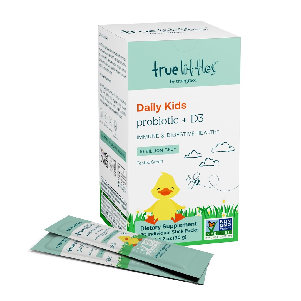 True Grace True Littles - 30 singoli Stick Packs - Probiotici giornalieri per bambini + vitamina D3 per la salute immune e digestiva - Gluten, Soy & Dairy Free - 30 Serve