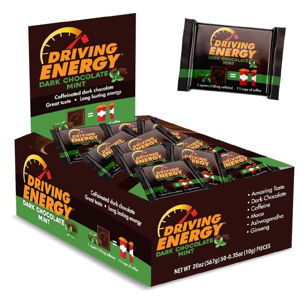 Energia di guida - Dimensione di energia Caffeinated Bite - Carburante di energia della menta di cioccolato scuro con 150 mg di caffeina - Energia a lungo termine per palestra, allenamento, adulti - Grande gusto - Carb basso - Snack sano - 50 conte