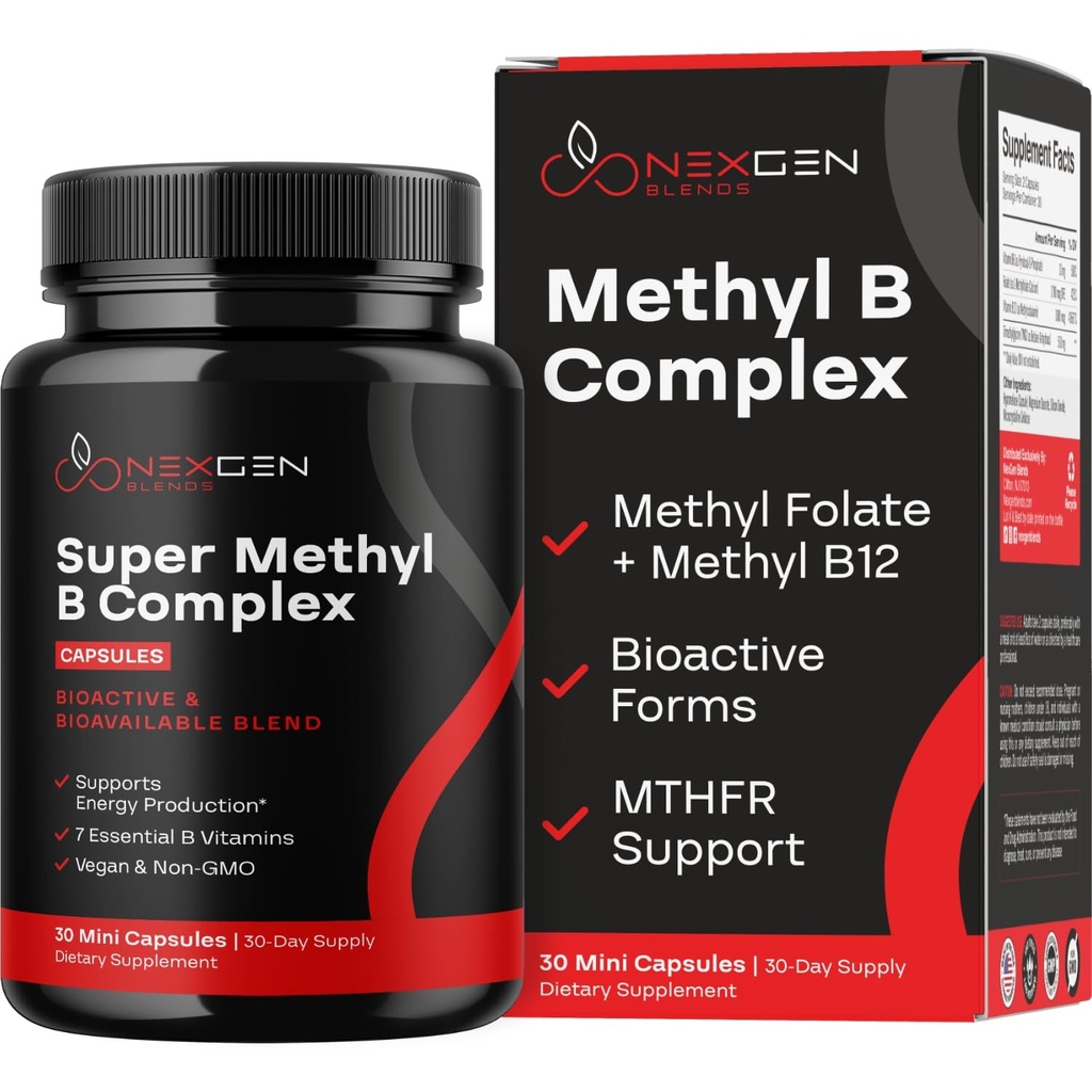 Integratore di vitamina B complesso metilato - Bioattivo Methyl B Complex con 5-MTHF Methyl Folate & B12 Methylcobalamin per l'energia del cuore del cervello & Homocysteine Support - Super Vitamina B Complex (30 contare)