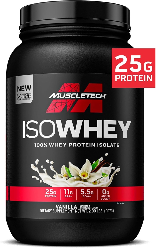 MuscleTech ISO Whey Isolate Protein Powder, Vanilla - Post Workout Gym Supplemento per guadagno muscolare magra, Body Building Weight Gainer & Recovery - 25g Protein, BCAA & 0 Aggiunto Sugar - 2lbs