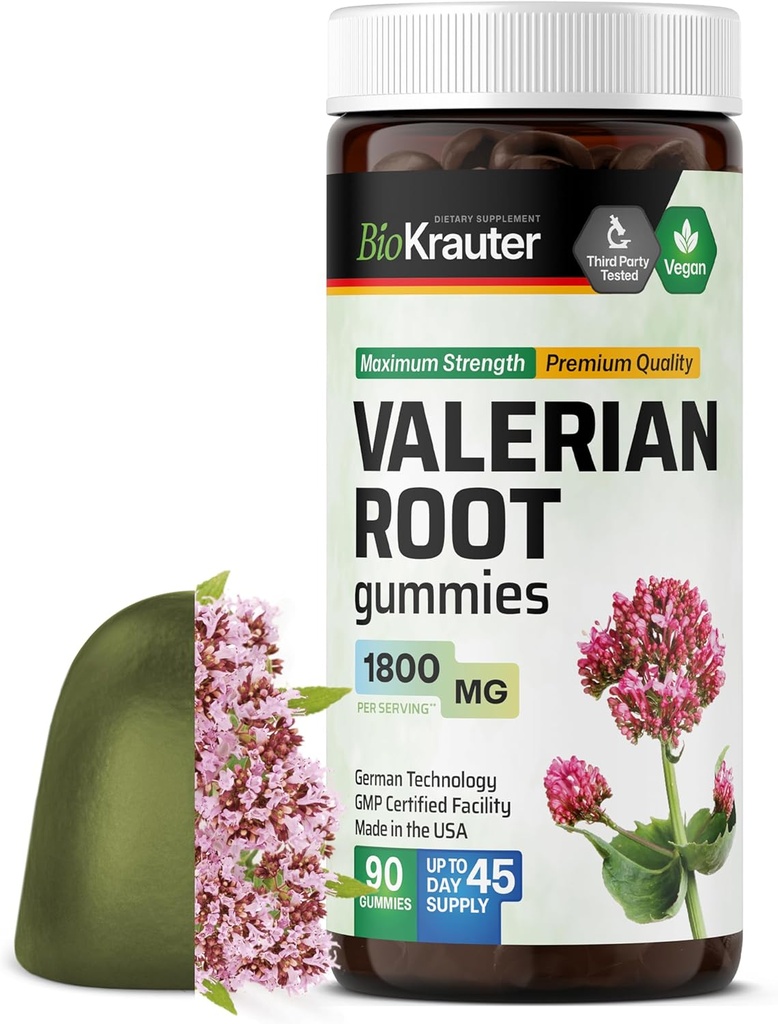 BIO KRAUTER Gummie di radice di valeriana - 1800 mg di resistenza - 90 Vegan Chews - No Melatonin - Supporto Rilassamento e calma - Estratto di radice di valeriana