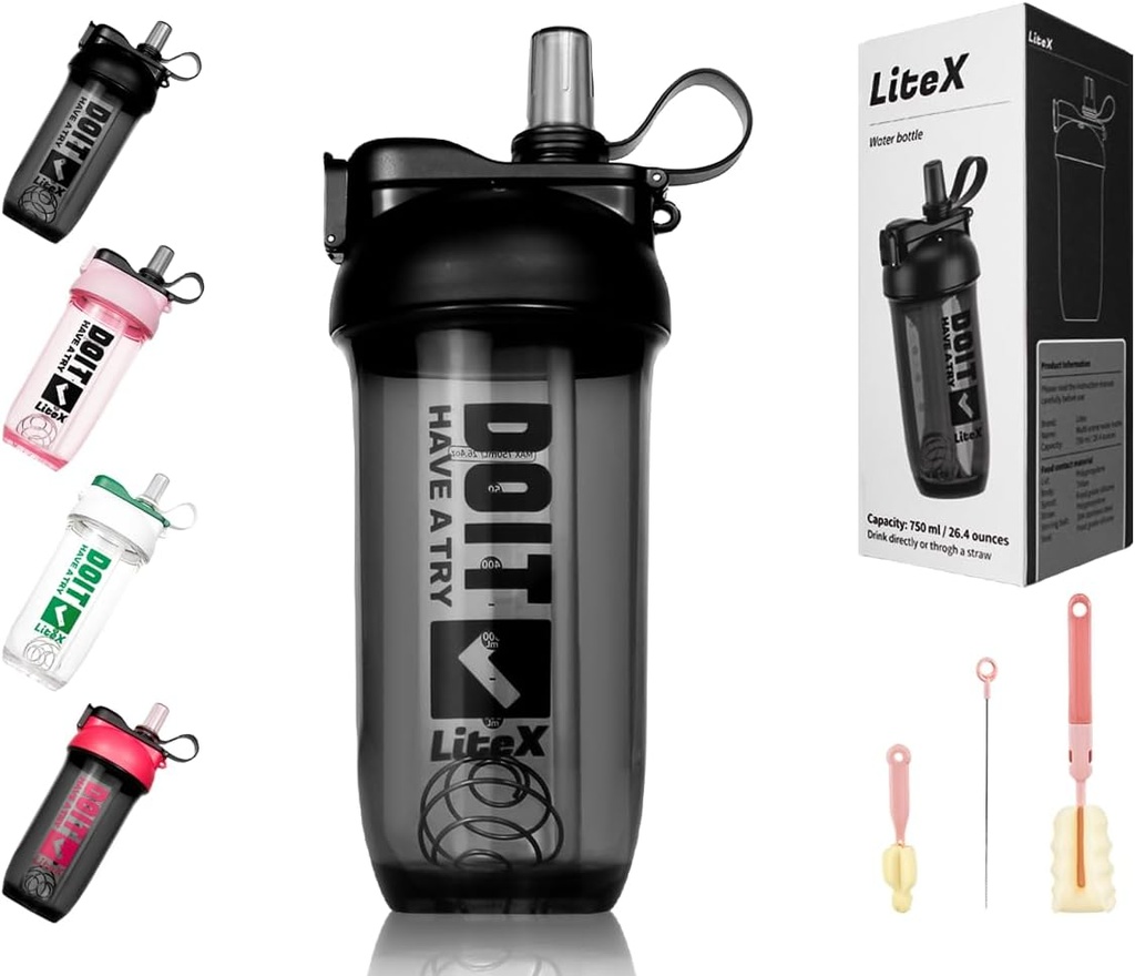 Litex Shaker Bottiglie per Protein Shakes, 26oz Blender Shaker Bottiglia per Pre-Workout, Tazze con Straw, BPA-free Tritan Miscelatore Bottiglie per Protein Powder, con Pennello di Coppa e istruzioni (nero)