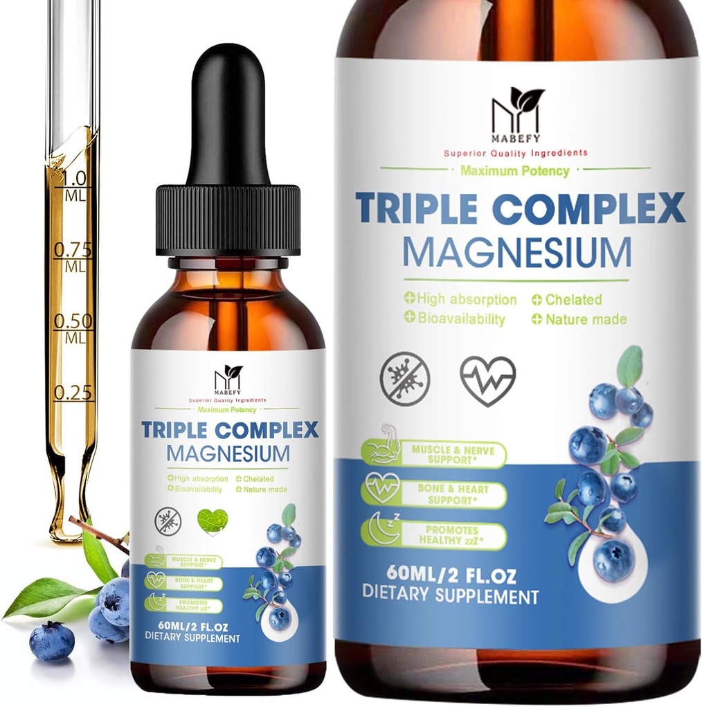 Magnesio Glycinate Liquid Drops Complex Supplemento con Taurate, Malate for Calm, Leg Cramps, Energy | Magnesio Vegano senza zucchero e naturale, Aroma di mirtillo