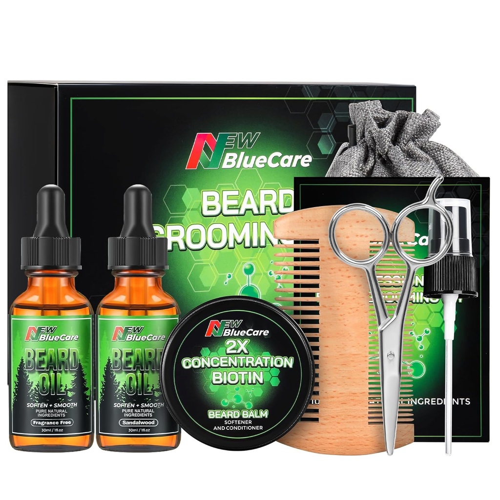 Kit di cura del cuscinetto - Contiene (1) ciascuno degli oli del cuscinetto (Sandalwood & Unscented), Biotin Beard Crescita Balm, Comb e Forbici per Grooming e Trimming - Cuscinetto Cura papà Regali per gli uomini Lui papà Marito
