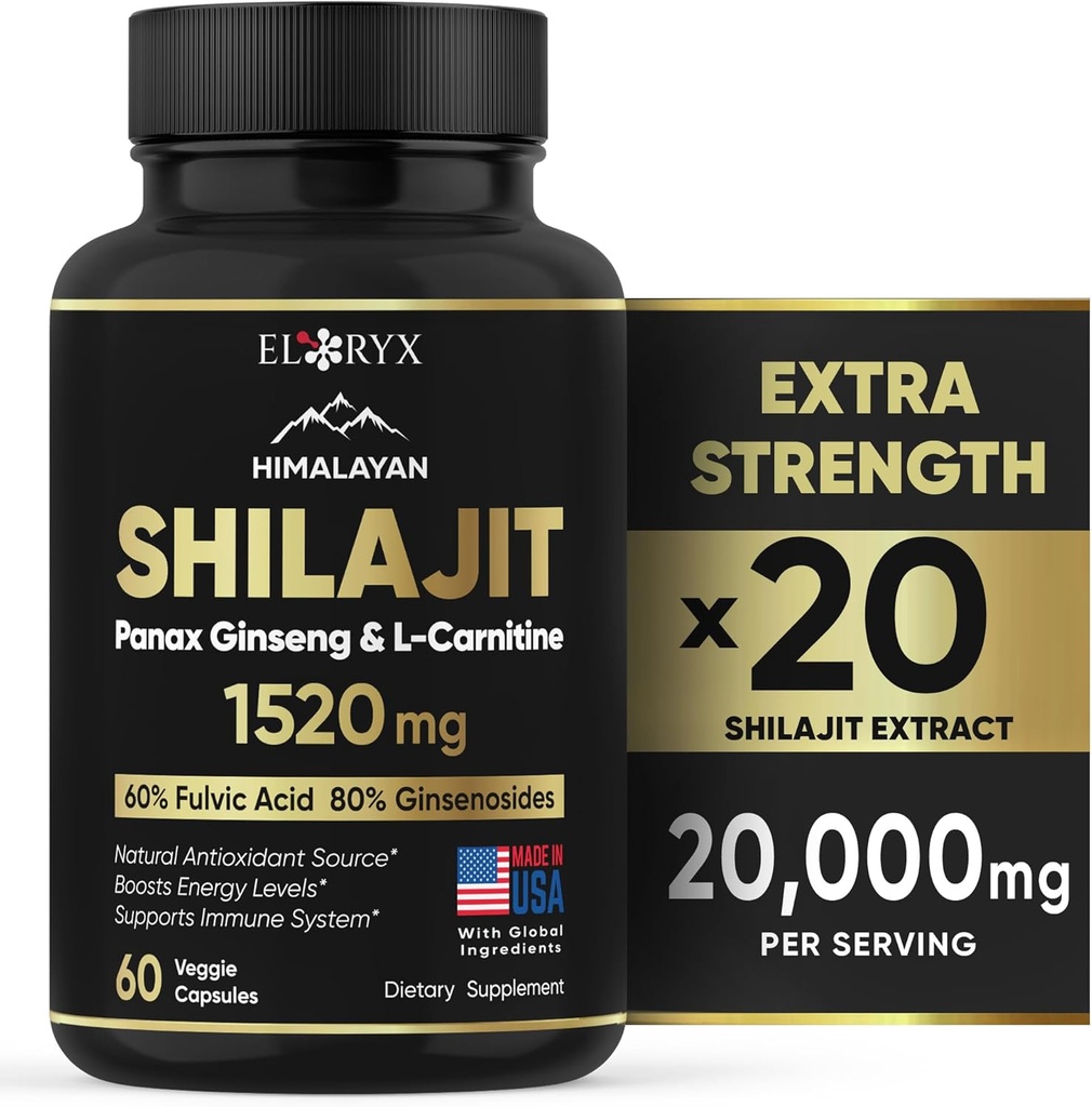 Himalayan Shilajit Supplemento, 60 capsule, polvere di estratto, 60% acido Fulvico, 85+ minerali Trace, energia e supporto immunitario Shilajit per gli uomini e le donne, alternativa all'autentica resina o pillole USA Made