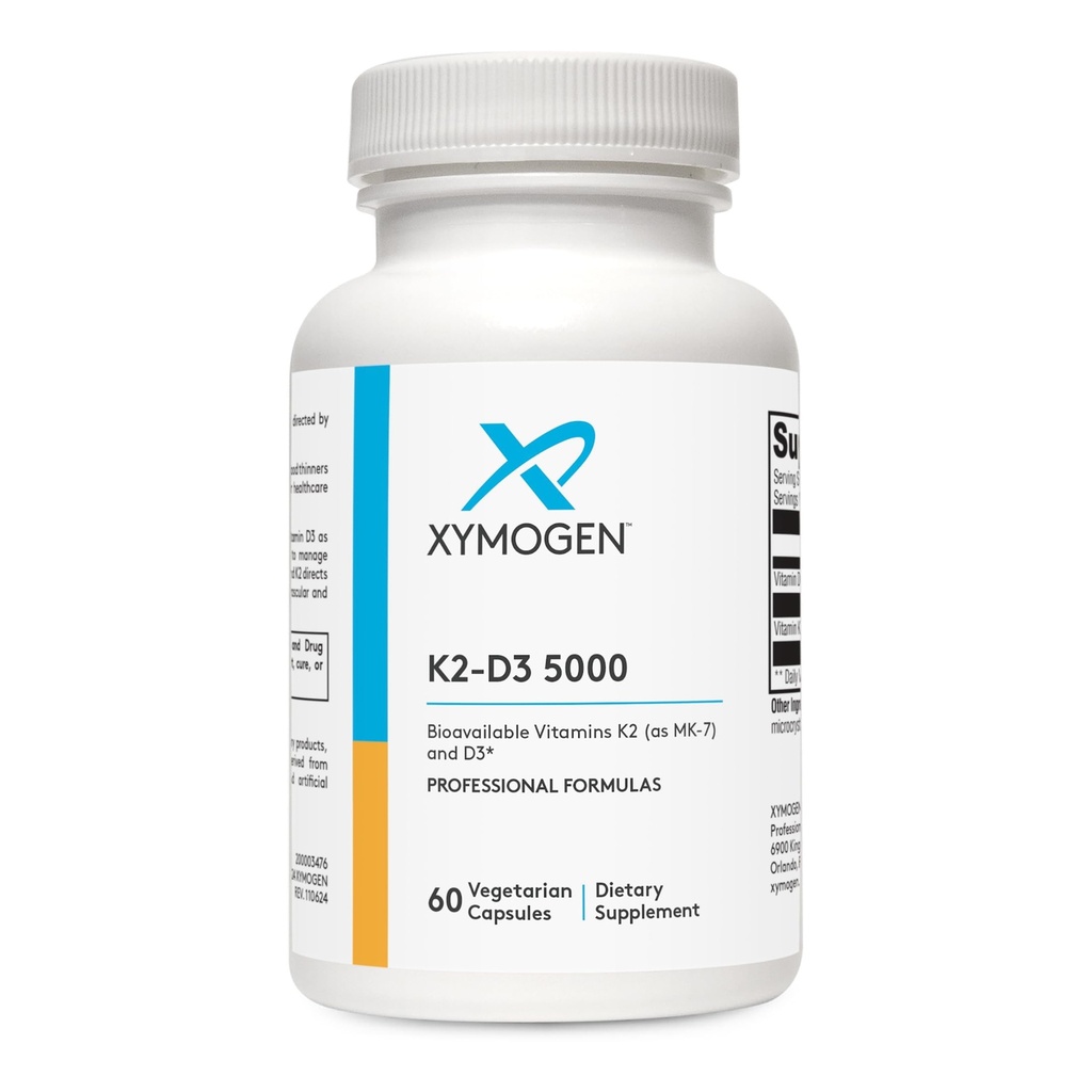 XYMOGEN K2-D3 5000 - Vitamina D3 K2 - Biodisponibile Vitamina D 5000 IU (Cholecalciferol) con MK-7 - Cuore, Arteriosa, Salute Bone + Integratore di Supporto Immune (60 capsule)