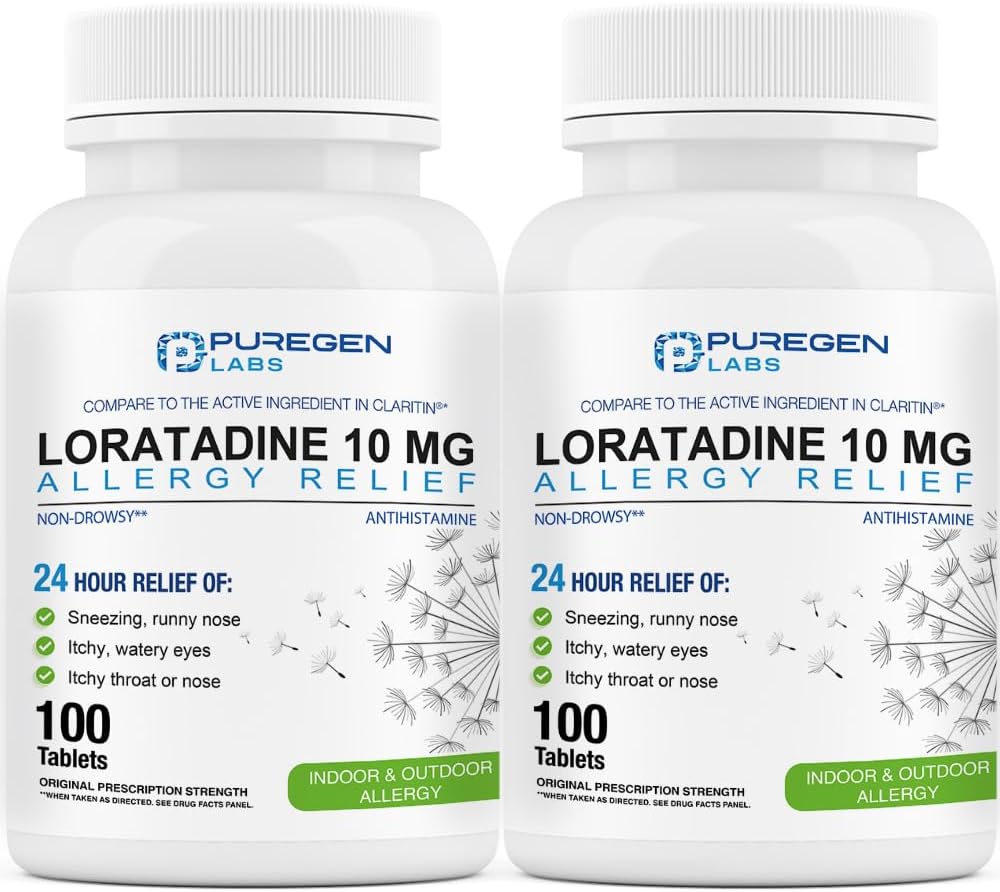 Puregen Labs Allergy Relief, Loratadine 10mg, 100 Tablets – 24 ore Antistaminico antidrowsy medicina allergia per Runny Nose, starnuto, prurito, occhi acquosi (2)