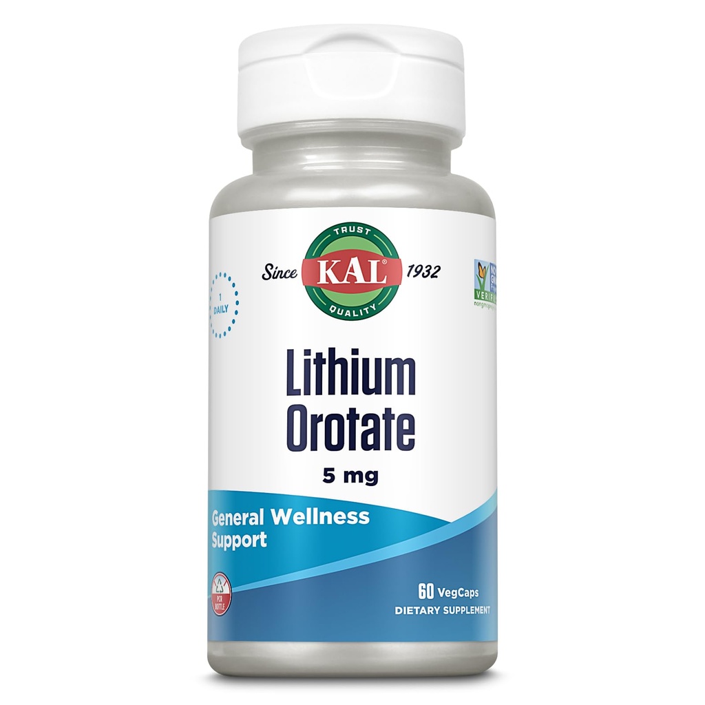 KAL Lithium Orotate 5mg | Basso Servo di Chelated Lithium Orotate per Biodisponibilità & Mood Support | in Organic Rice Bran Extract Base | 60 VegCaps