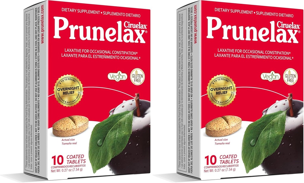 Prunelax Ciruelax Tavoli lassativi a resistenza regolare - Lassativo a base di ingredienti naturali per costipazione occasionale, Rilievo notturno prevedibile con estratti di foglie di senna, 8-12 Hr Fast-Acting - 10ct