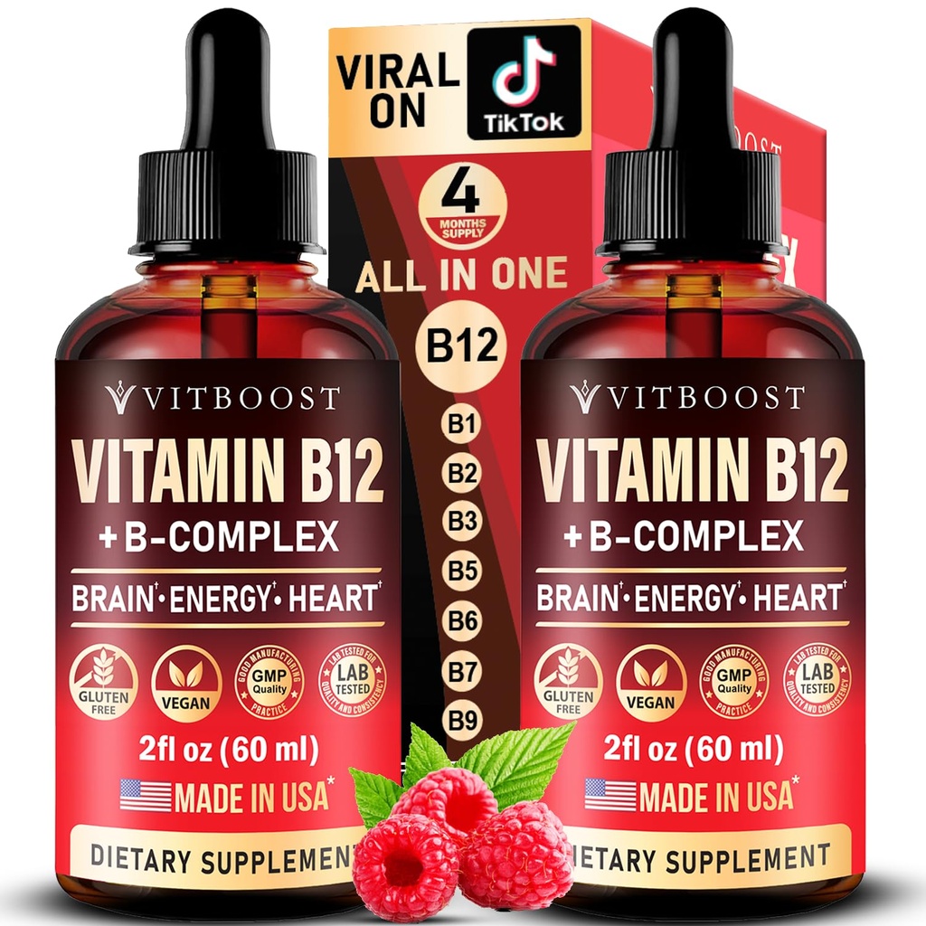 Vegan Vitamina B12 con B Complex 20000 mcg- Forza extra per gli uomini e le donne- Raspberry Liquid Drops| USA Made, B1, B2, B3, B5, B6, Biotin, Folic Acid & B12 Sublingual Methylcobalamin | 4 mesi di alimentazione