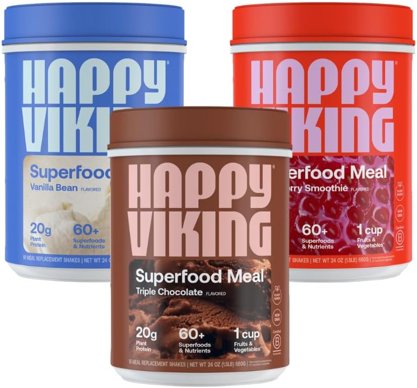 Happy Viking Chocolate, Vanilla e Strawberry Powder, di Venus Williams, 20G Protein, Low Carb, Keto, Vegan, Gluten-Free, Superfoods, Complete Meal Sostituzione, 3 Canisters (24 oz. Ogni)