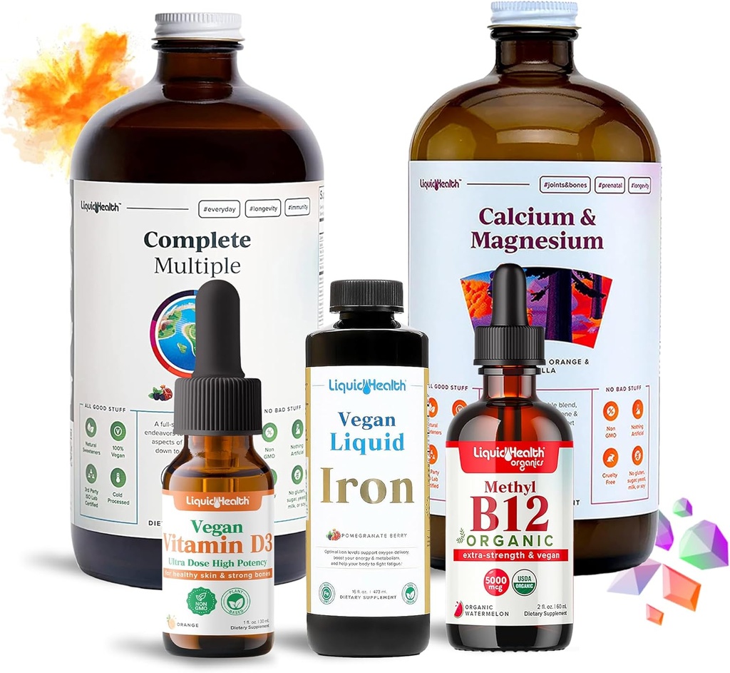 LIQUIDHEALTH Ultimate Bariatric Liquid Vitamin Supplement Bundle - Multivitaminico bararico giornaliero con ferro, calcio, magnesio, vitamina D3 Vegan & Organic B12 - Chirurgia baratrica deve avere, USA Made