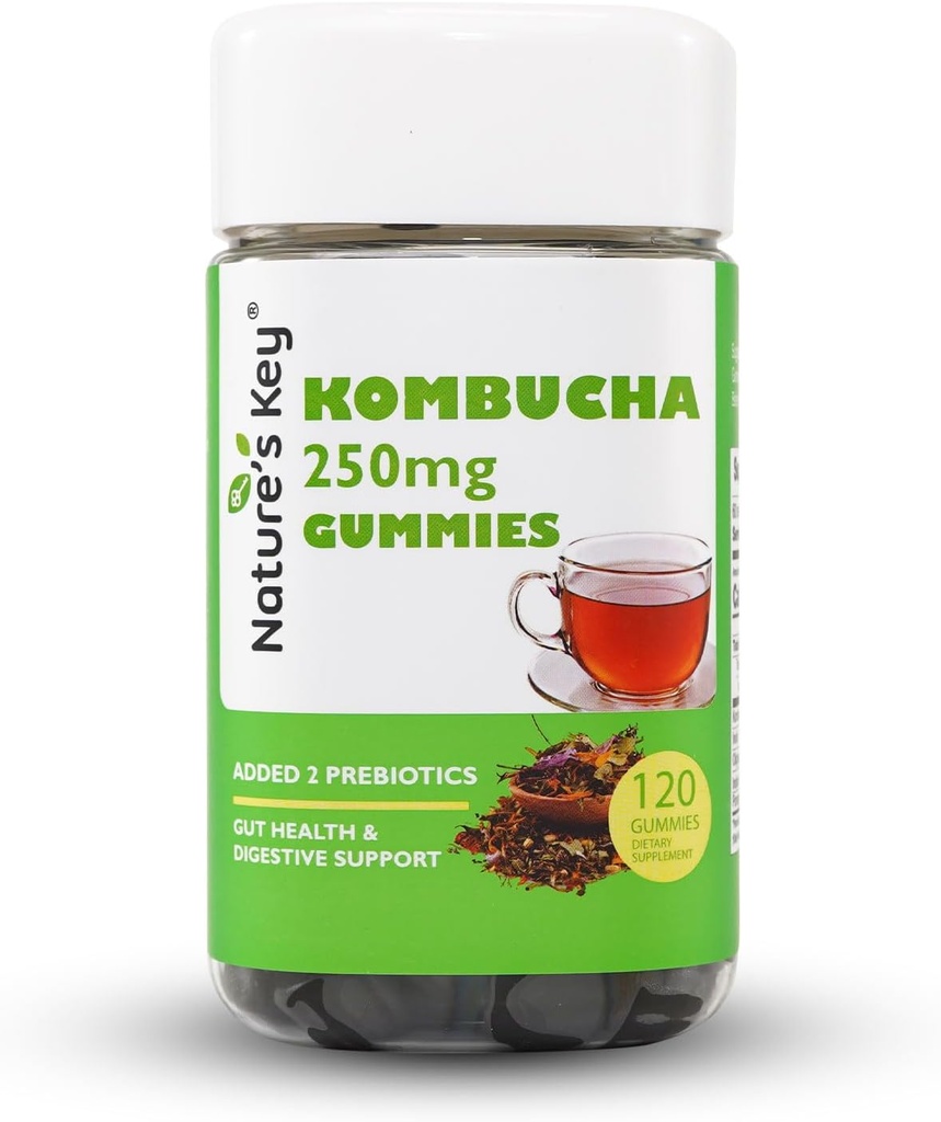 Gummie chiave della natura Kombucha per il supporto digestivo & salute del fegato, con 2 prebiotici - Inulin & Oligogalactose, Plus succo di fibra e melograno |120 Gummies (2 mesi di alimentazione)