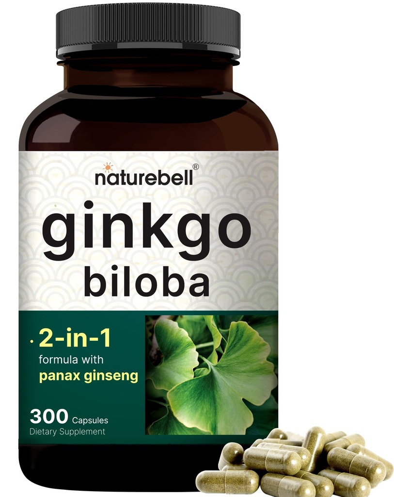 NatureBell Ginkgo Biloba 6.000mg con Panax Ginseng 500mg Per Serving | 300 Capsule – Integratori Max Strength Ginko Biloba Extract - Promuove Memoria, Focus e Salute del Cervello