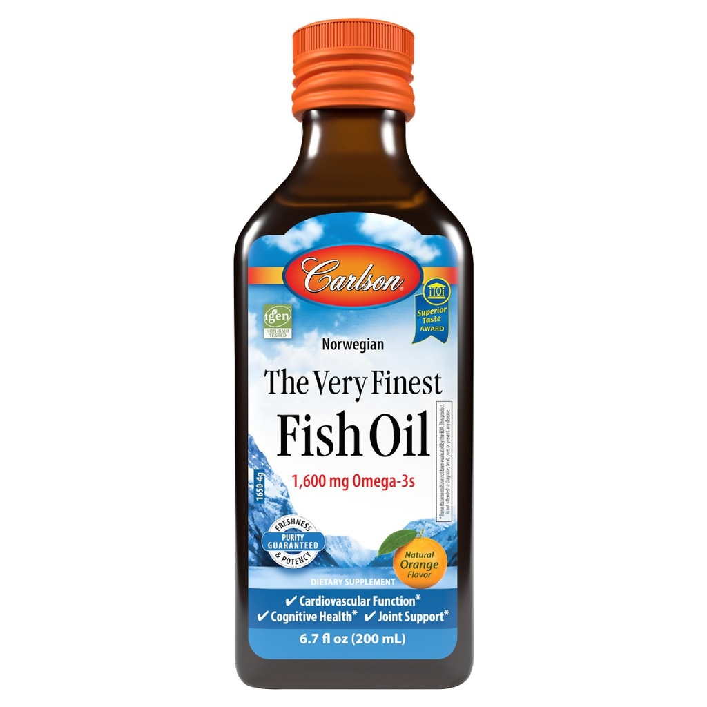 Carlson - L'olio di pesce più fine, 1600 mg Omega-3s, integratore di olio di pesce liquido, olio di pesce norvegese, selvatico, liquido di olio di pesce di origine sostenibile, arancione, 6.7 Fl Oz