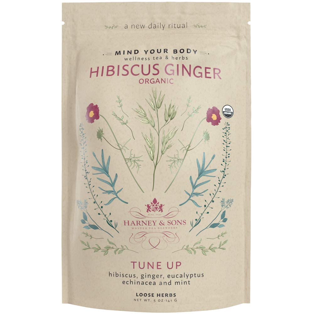 Harney & Sons Organic Hibiscus Ginger Tune-Up Wellness Blend, con Eucalyptus, Echinacea e Mint, 5 oz bag