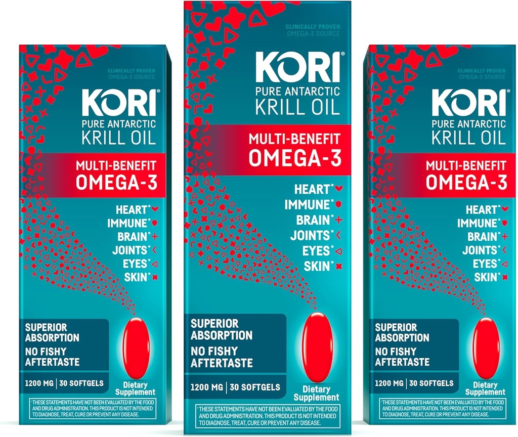 Kori Krill olio Omega 3 Supplemento, Antartico Krill olio con assorbimento superiore vs Fish Oil, 1200mg Softgels, 30 Softgels, EPA & DHA (Pack of 3)