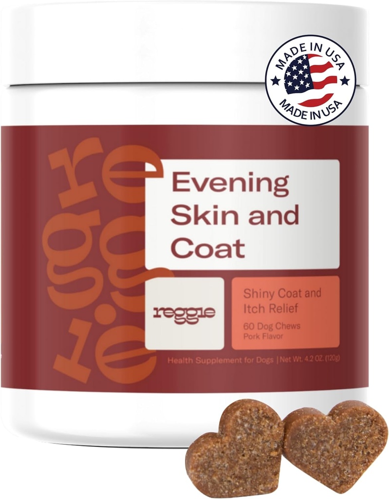 Reggie Skin & Coat Integratori per Cani | Omega-3 Fish Oil & Vitamina E per Itchy Skin Relief, Shedding & Shiny Coat | Natural Dog Skin & Coat Chews | Vet-Approved & Made in USA | 60 Soft Chews