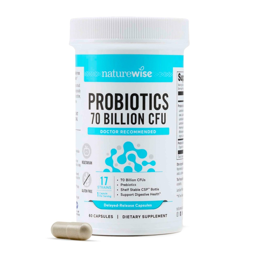 NatureWise Probiotics 70 Billion CFU - 17 Strains + Prebiotici Organici - Immune, Digestivo & Gut Health Support for Women & Men - Vegetariano, Senza Glutine, Non-GMO - 60 Capsule[2-Month Supply]