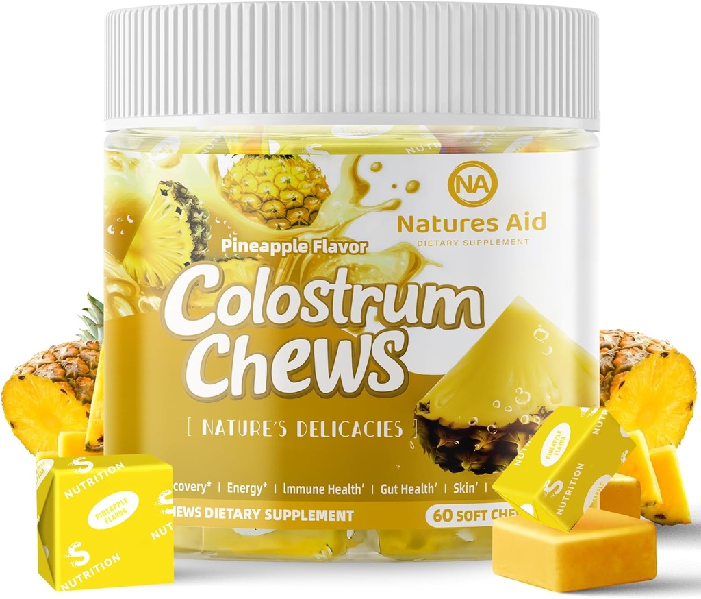 Colostrum Chews Supplemento con probiotici per Gut Salute, Bloating, Supporto immunitario, Pelle, Crescita dei capelli e Bellezza - Ananas Flavor (60 Serve)